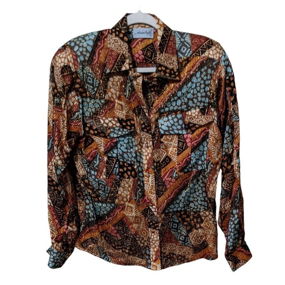 Vintage Adrianna Papell 100% silk geometric print blouse 12 career office top - Picture 1 of 8